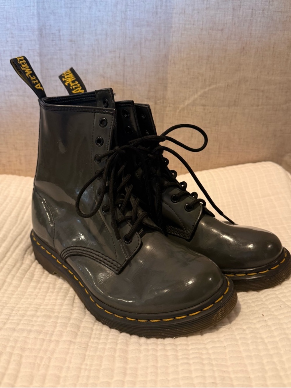 Dr. Martens Patent 8-Eye Lace-Up Boots in Olive Green